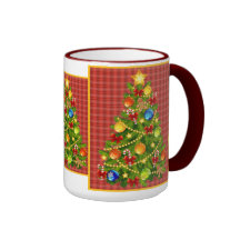 Árbol de navidad y tela escocesa roja tazas