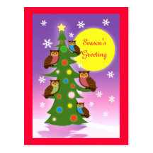 Árbol del búho del navidad tarjetas postales