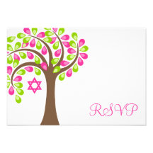 Árbol moderno del palo Mitzvah RSVP del verde del  Invitación