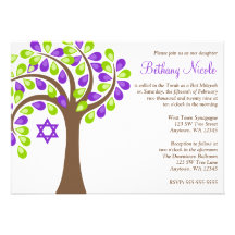 Árbol moderno del palo verde púrpura Mitzvah de la Invitación Personalizada