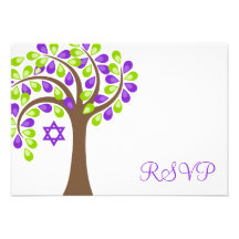 Árbol moderno del palo verde púrpura Mitzvah RSVP  Invitación Personalizada