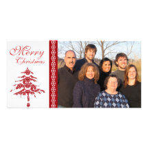 Árbol rojo del damasco y Felices Navidad de los co Tarjetas Personales Con Fotos