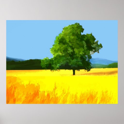 Árbol verde en campo de oro impresiones