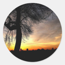 Árbol y horizonte de la puesta del sol etiqueta redonda