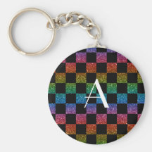 Arco iris del brillo del monograma y a cuadros neg llavero