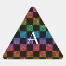 Arco iris del brillo del monograma y a cuadros neg calcomania de triangulo