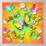 Arco iris Swallowtails y Daisys en el poster 3D