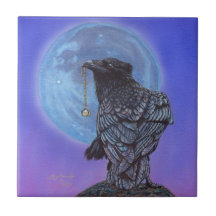 Arte ArtByAkiko Akiko de la luna azul del cuervo d Teja Cerámica