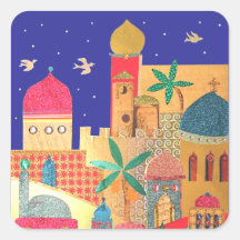 Arte colorido de la ciudad de Jerusalén Colcomanias Cuadradas Personalizadas
