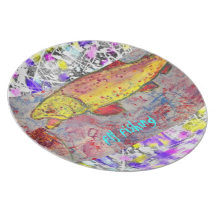 arte de la pintura del goteo de la pesca con mosca plato de cena