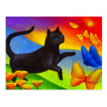 Arte de las mariposas de la pintura del gato negro postal