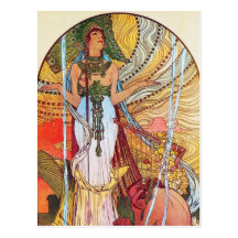 Arte del pavo real de Alfonso Mucha Postal