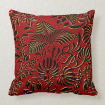 Asiático negro rojo floral del oro de la almohada 