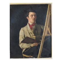 Autorretrato, sentándose al lado de un caballete,  postal