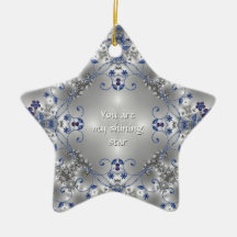 Azul + Flores de plata - ornamento de la estrella Ornamento De Reyes Magos