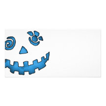 Azul loco de la cara de la calabaza de la linterna tarjeta fotográfica personalizada