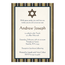 Azul y barra Mitzvah de las rayas de Brown Invitaciones Personales