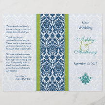 Azules marinos, verde, programa del boda del damas tarjetones