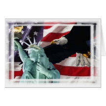 Bandera americana con American Eagle y señora Libe Felicitación