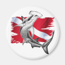Bandera de la zambullida con el tiburón-buceador d iman para frigorífico