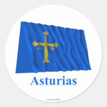 Bandera que agita de Asturias con nombre Pegatina Redonda