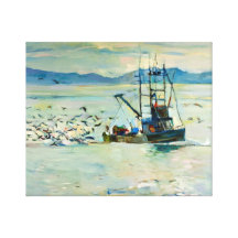 Barco de pesca y gaviotas impresiones de lienzo