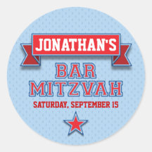 Barra roja y azul Mitzvah RSVP de la tela cruzada  Etiquetas Redondas