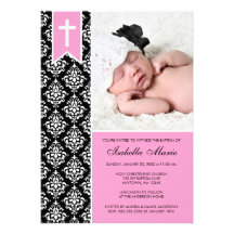 Bautismo negro rosado de la foto de la cruz de la  invitaciones personalizada