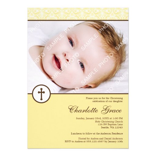 Bautizo amarillo del bautismo de la foto de la cru invitación personalizada