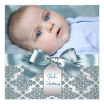 Bautizo azul de la foto del bebé del damasco del t invitaciones personalizada