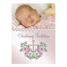 Bautizo cruzado de la foto de la niña de las perla invitacion personalizada