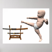 Bebé de Kung Fu con el soporte de Katana Posters