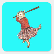 béisbol escocés del vintage que juega el gato pegatina cuadradas personalizada