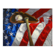 Béisbol, guante, palo y bandera americana postales
