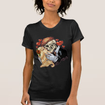 Beso del cráneo con los corazones y los rosas por  camisetas