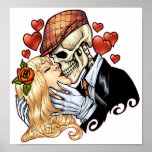 Beso del cráneo con los corazones y los rosas por  posters