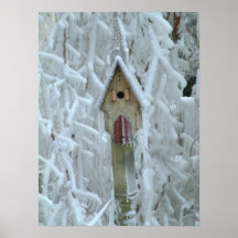 Birdhouse en árbol encrustado hielo impresiones