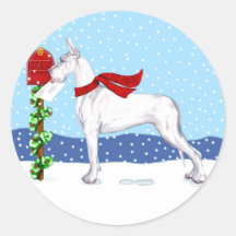 Blanco del correo del navidad de great dane pegatinas redondas
