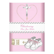 Blanco del rosa del chica del bautizo del bautismo comunicados personalizados