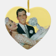 Boda del vintage, novia que lleva del novio, recie ornamentos de navidad