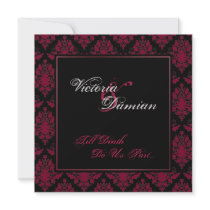 Boda gótica del damasco negro y rojo invitaciones