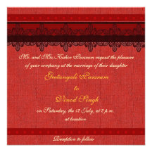 Boda indio del brocado rojo invitacion personal 