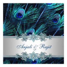 Boda indio real del pavo real de la plata del azul comunicados personalizados
