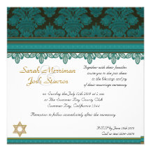 Boda judío del brocado del damasco de la turquesa invitaciones personalizada