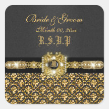 Boda negro del damasco del rsvp del oro pegatinas  
