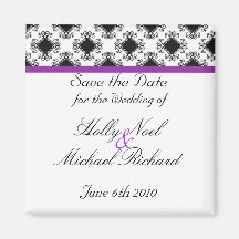 boda, savethedate, púrpura, negro, suposición, con iman de frigorífico