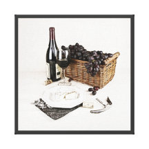 Botella de vino, vidrio, uva y queso impresiones en lienzo estiradas