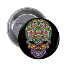 Botón psicodélico del diseño del arte del cráneo pin