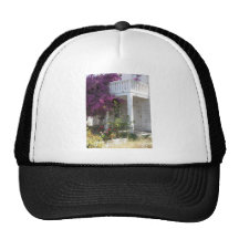 Bougainvillea rosado que crece fuera de una casa,  gorro de camionero