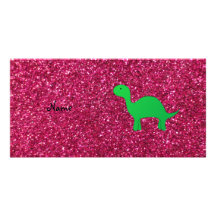 Brillo conocido personalizado del rosa del dinosau tarjetas fotograficas 